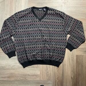 Vintage Segreto Merino Wool V-Neck Diamond Knit Sweater Mens XXL Black Grey 90's